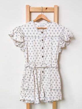 Saylor Block Print Geometric Button Front Flutter Sleeve Tie Waist Romper XS